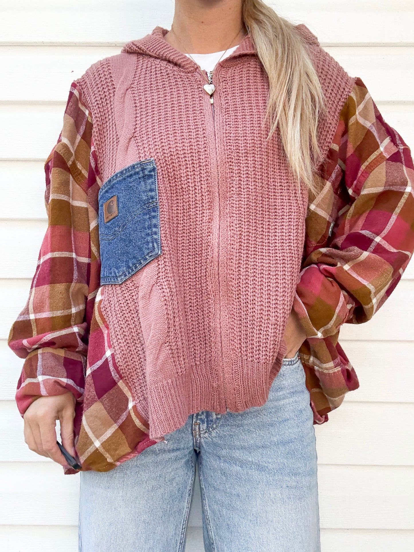 Carhartt denim pocket x flannel sweater zip up hoodie