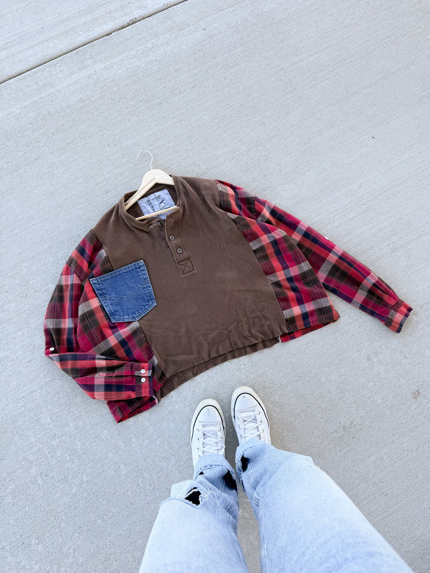 Brown waffle knit Henley x flannel & denim pocket