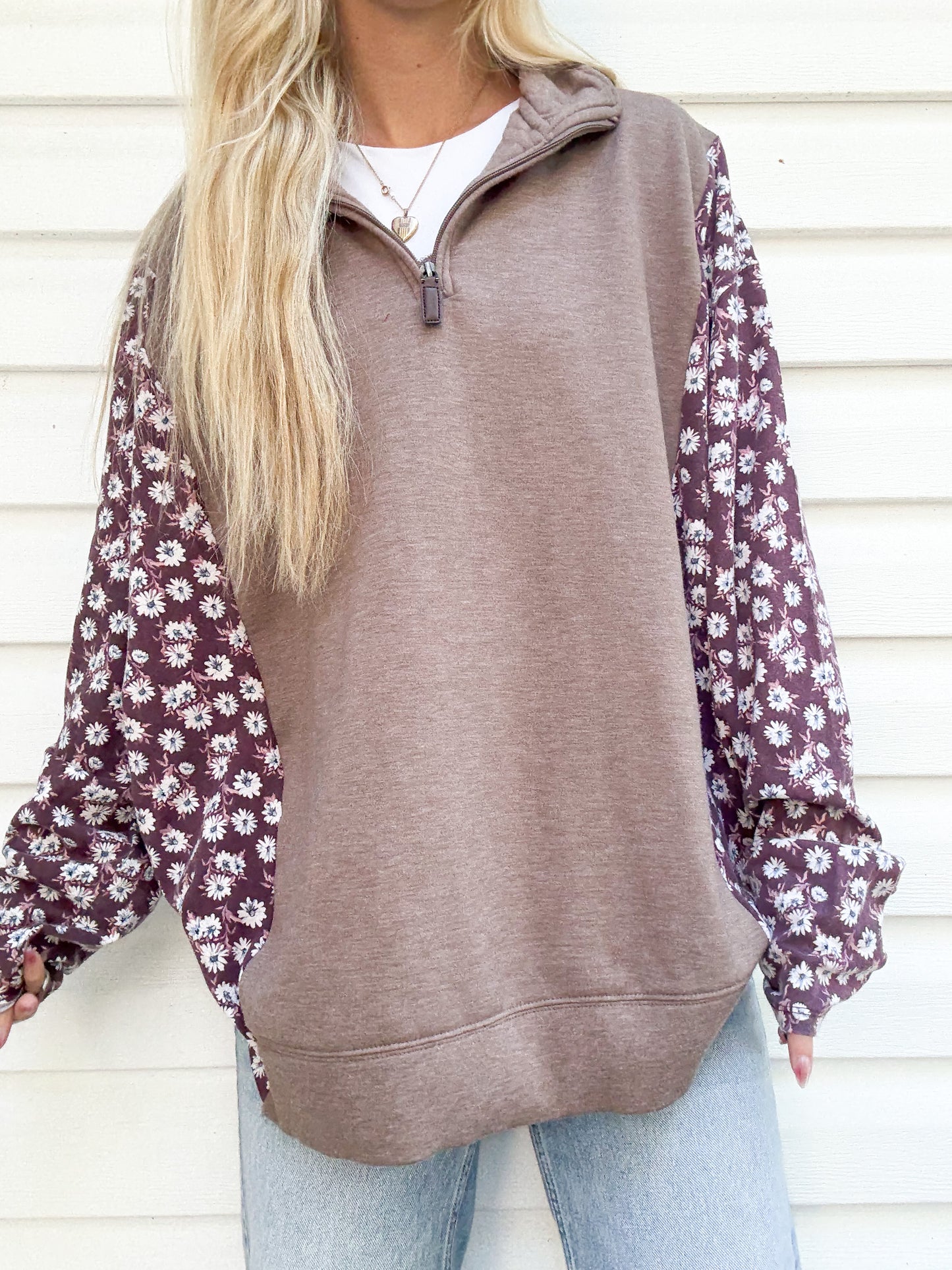 Brown 1/4 zip x fall florals