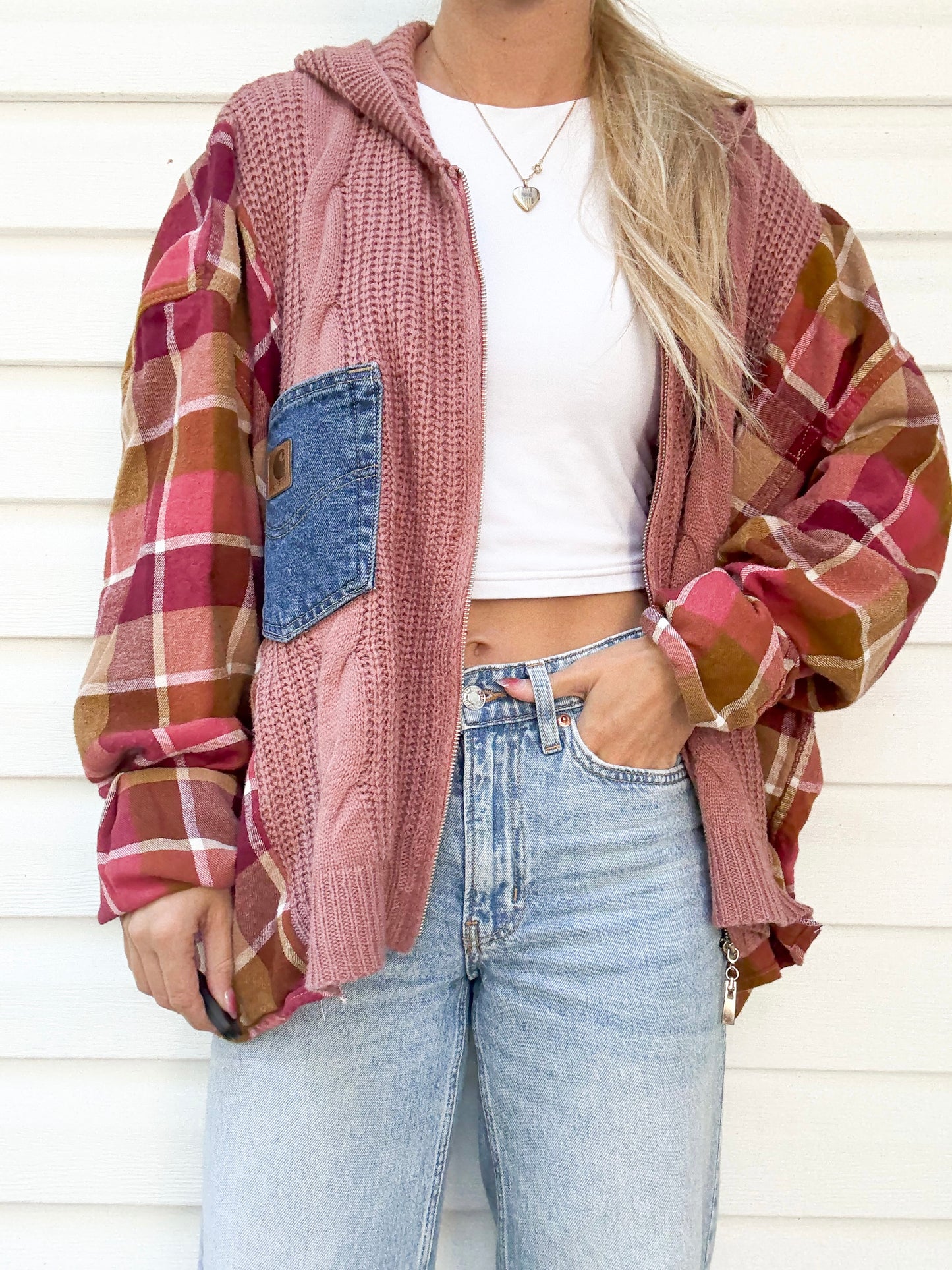 Carhartt denim pocket x flannel sweater zip up hoodie