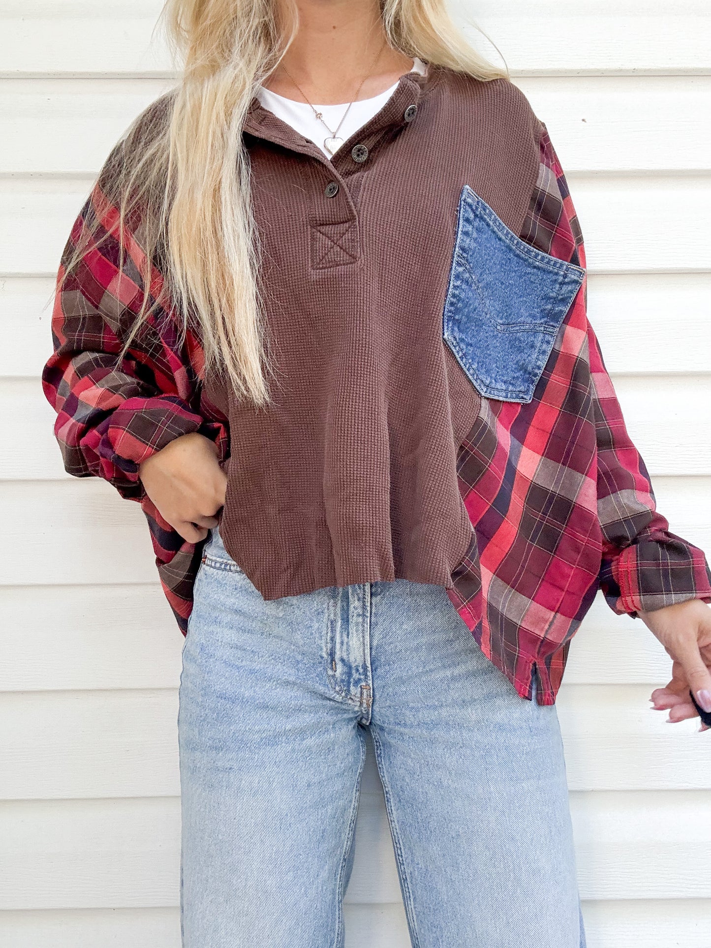Brown waffle knit Henley x flannel & denim pocket