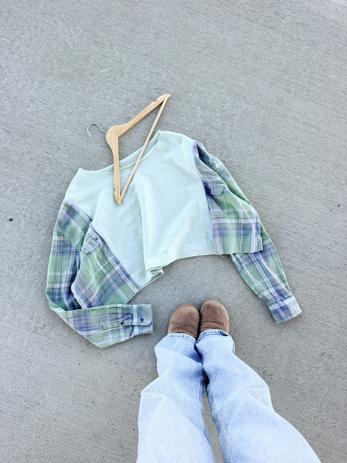 Off shoulder flannel crew