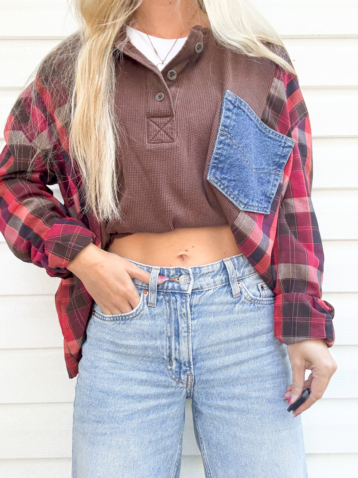Brown waffle knit Henley x flannel & denim pocket