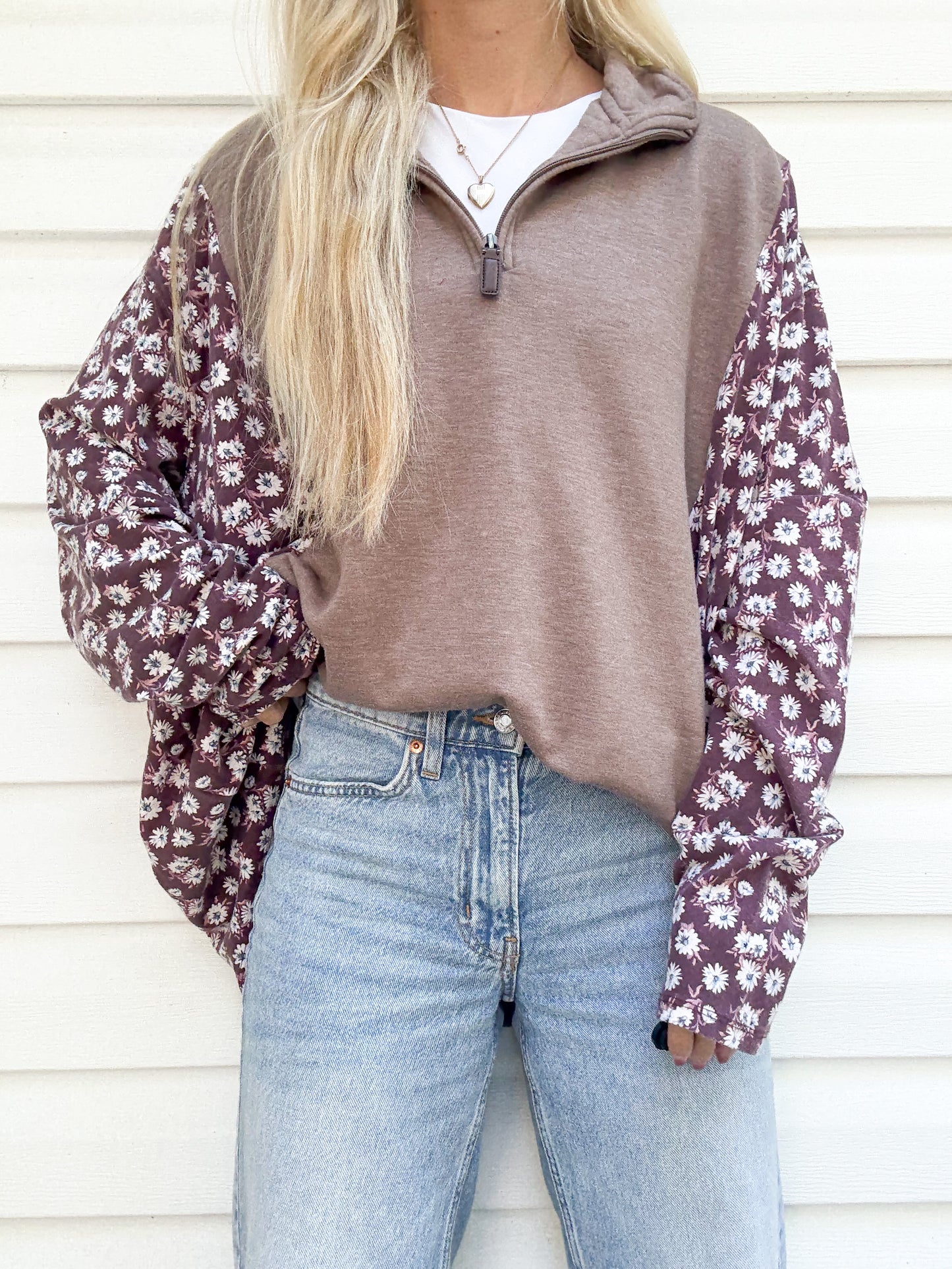 Brown 1/4 zip x fall florals