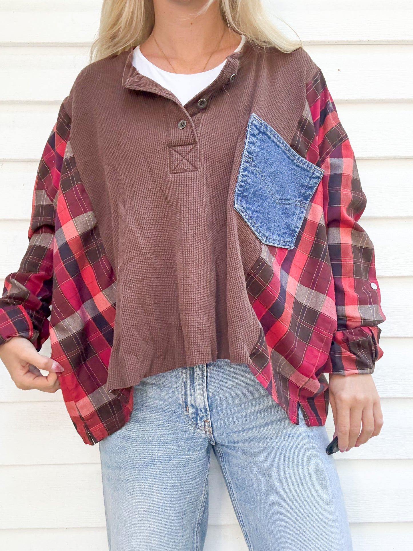 Brown waffle knit Henley x flannel & denim pocket