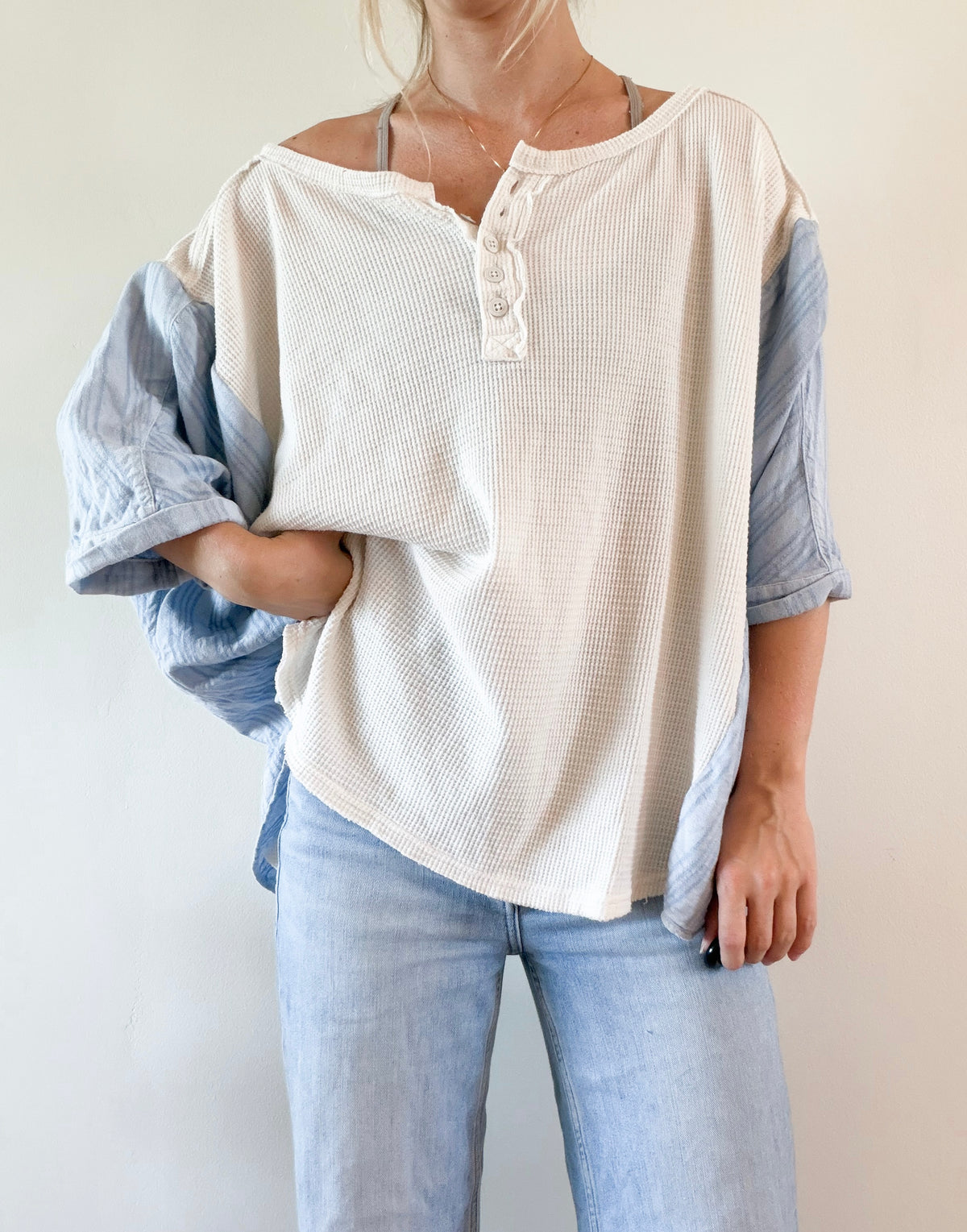Waffle knit Henley x linen