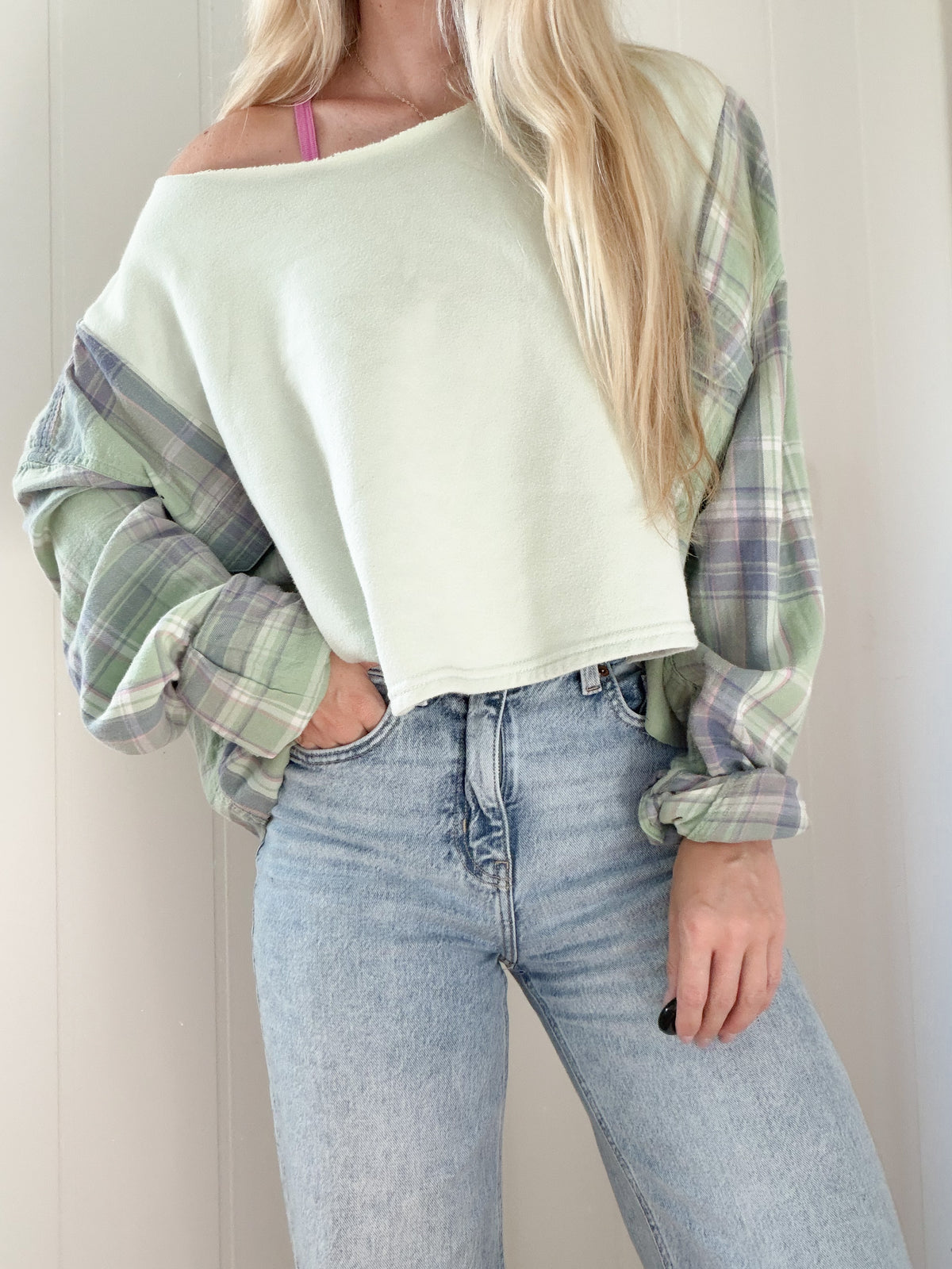 Off shoulder flannel crew