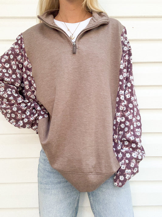 Brown 1/4 zip x fall florals