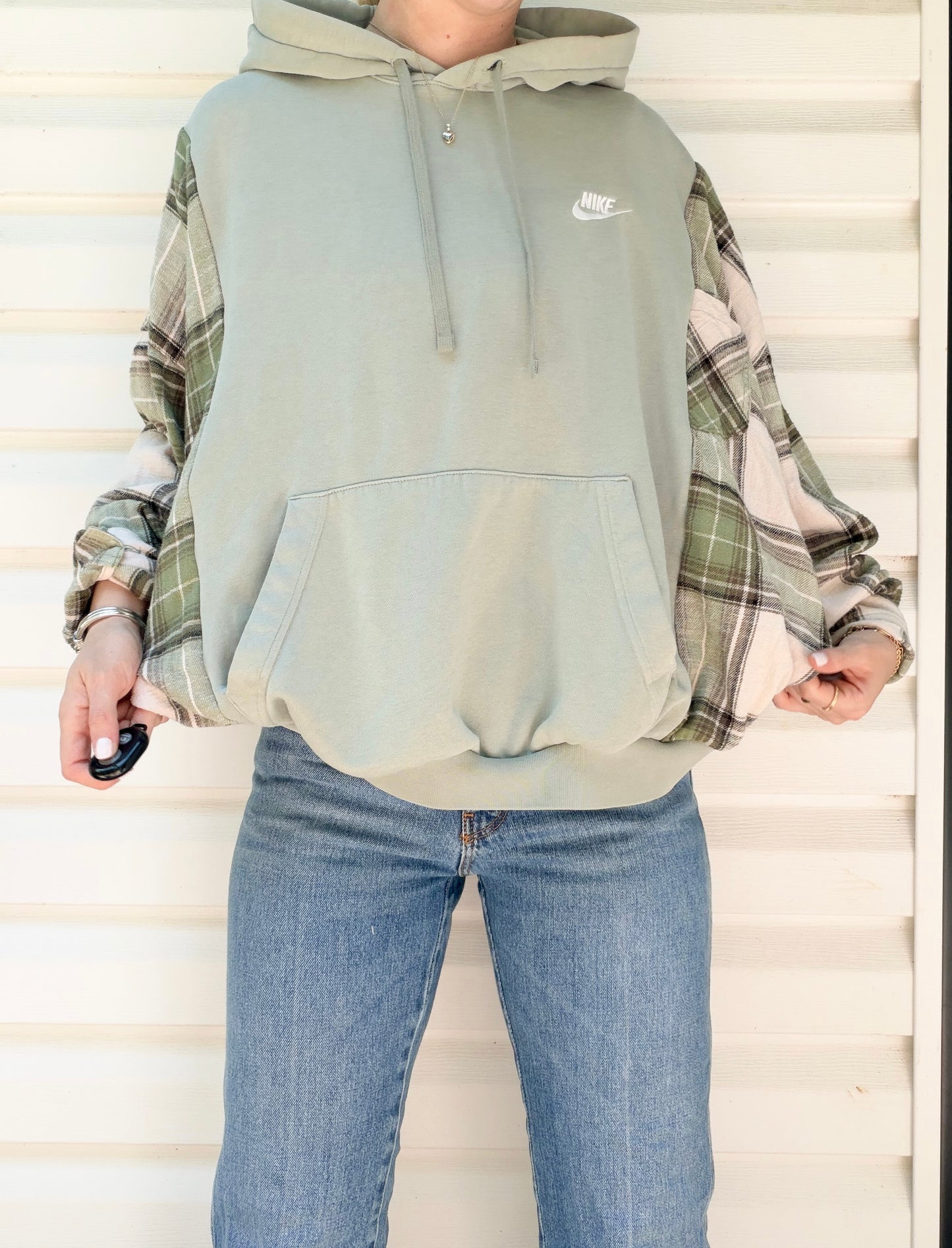 Sage green Nike x flannel hoodie