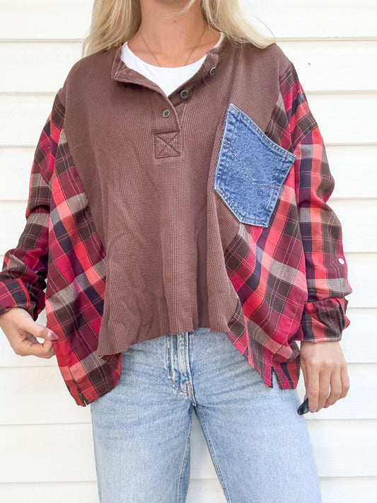 Brown waffle knit Henley x flannel & denim pocket