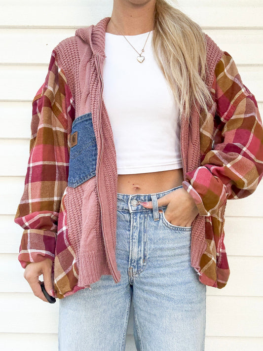 Carhartt denim pocket x flannel sweater zip up hoodie